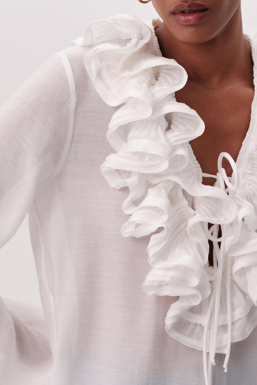 Keely V Neck Ruffled Blouse - WHITE