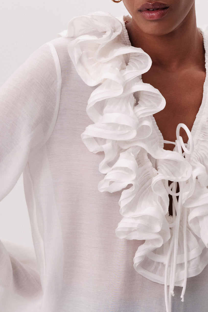 Keely V Neck Ruffled Blouse - WHITE