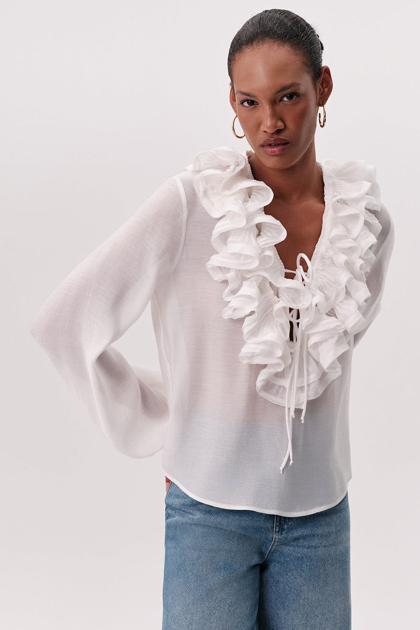 Keely V Neck Ruffled Blouse - WHITE
