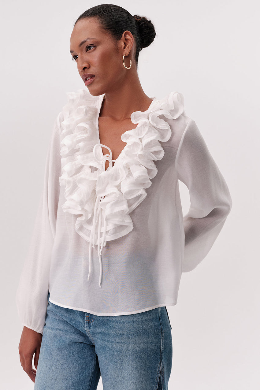 Keely V Neck Ruffled Blouse - WHITE