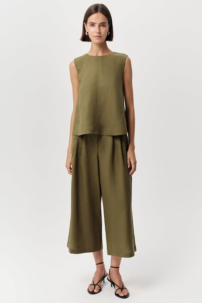 Almira Crew Neck Linen Blouse - KHAKI