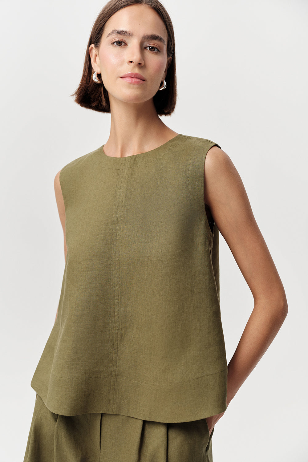 Almira Crew Neck Linen Blouse - KHAKI