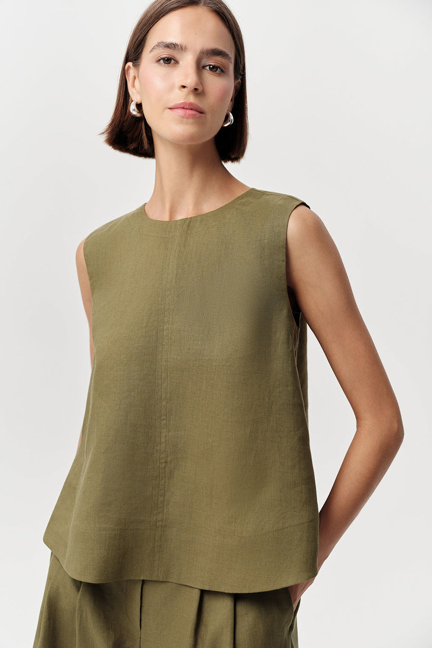 Almira Crew Neck Linen Blouse - KHAKI