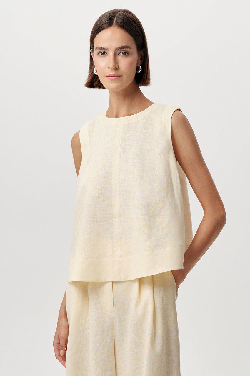 Almira Crew Neck Linen Blouse - YELLOW
