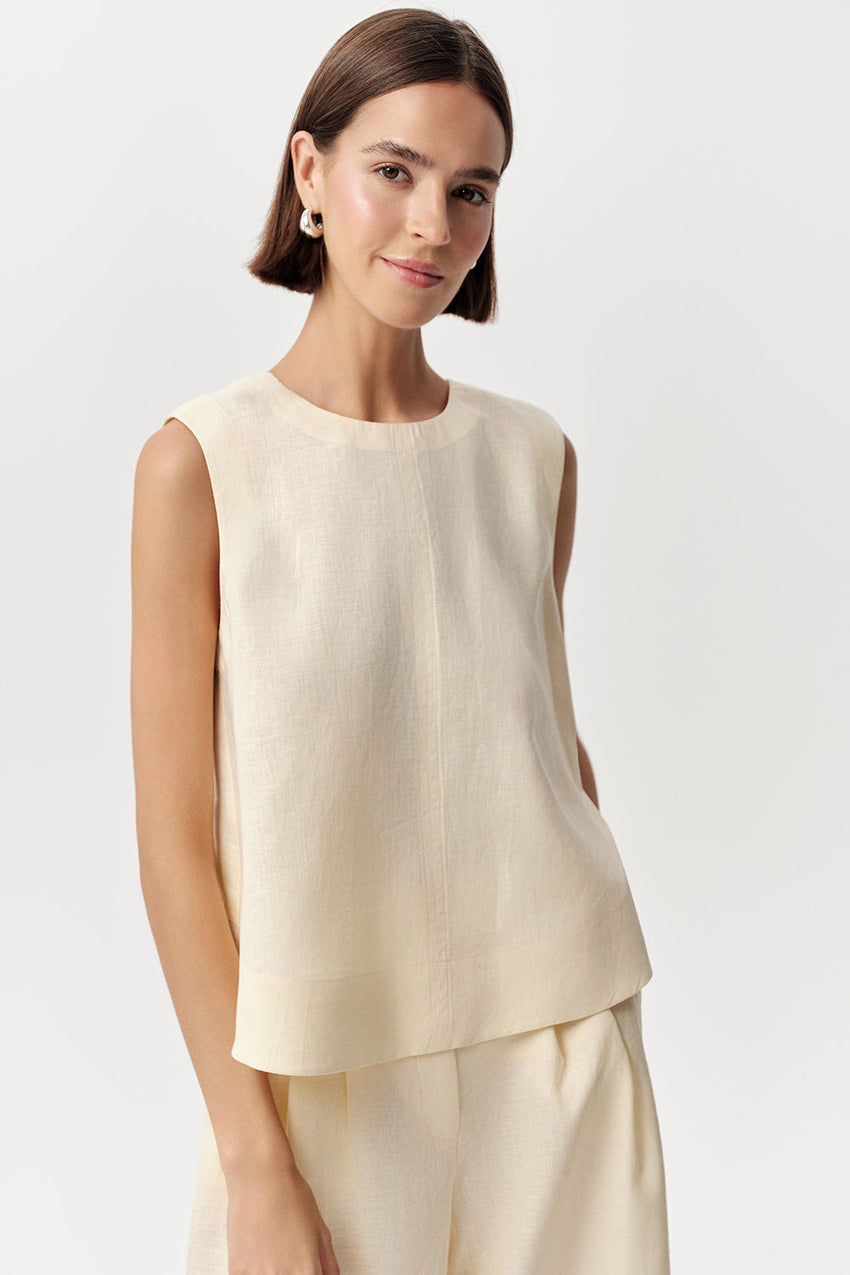Almira Crew Neck Linen Blouse - YELLOW