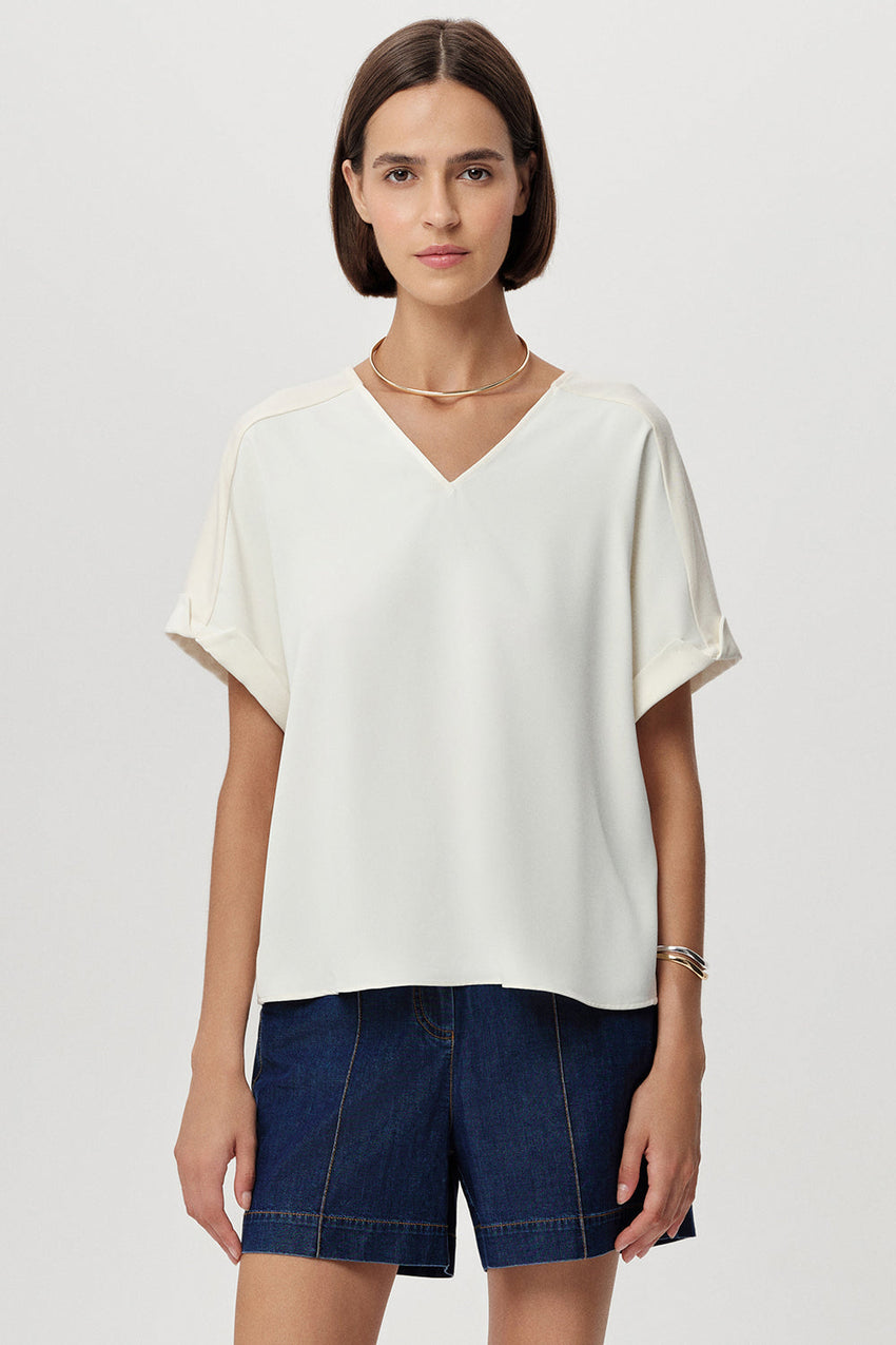 V Neck Short Sleeve Blouse - ECRU