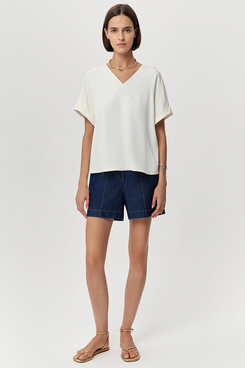 V Neck Short Sleeve Blouse - ECRU