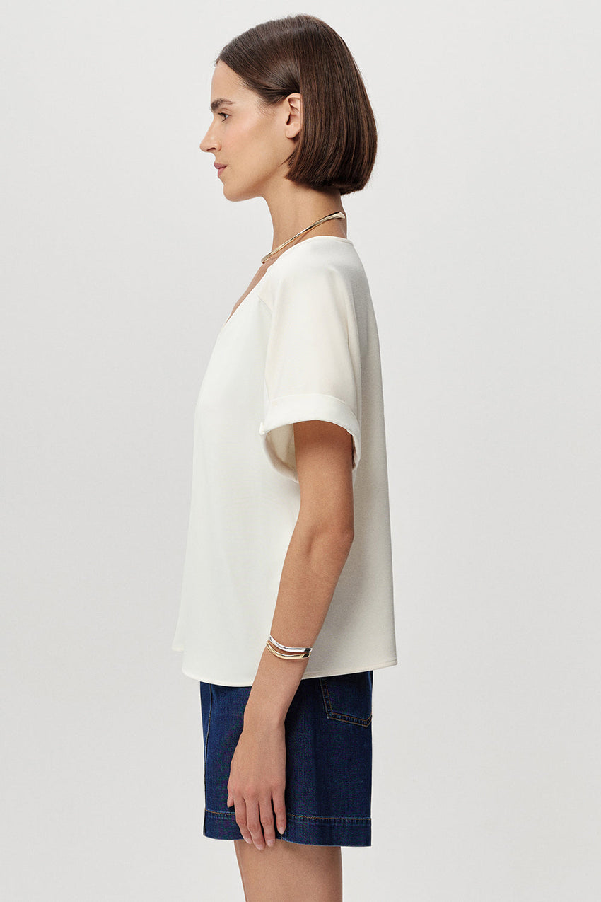 V Neck Short Sleeve Blouse - ECRU