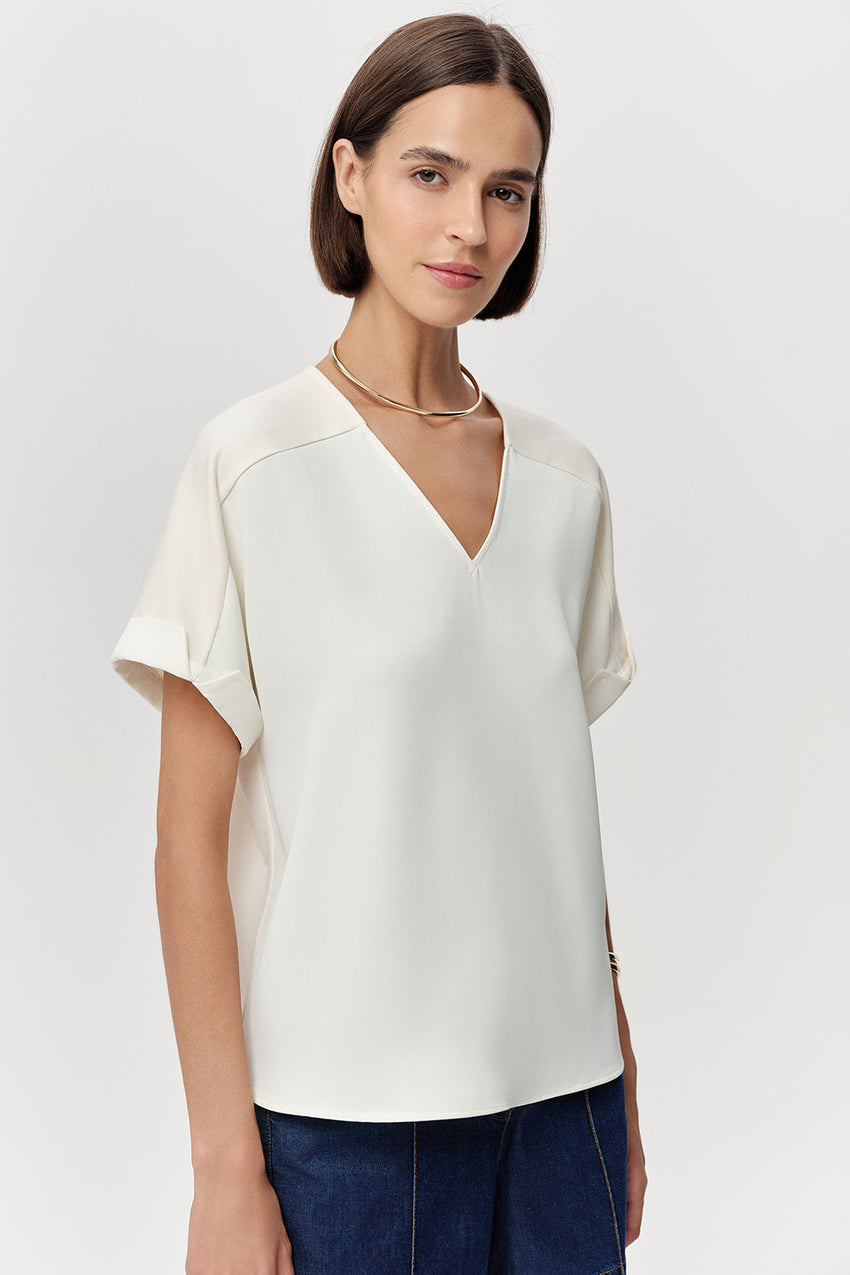 V Neck Short Sleeve Blouse - ECRU