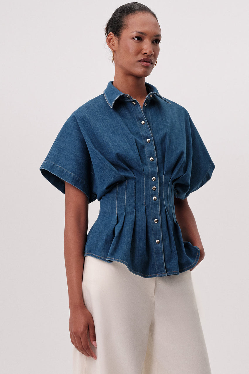 Marisa Short Sleeve Denim Shirt - BLUE