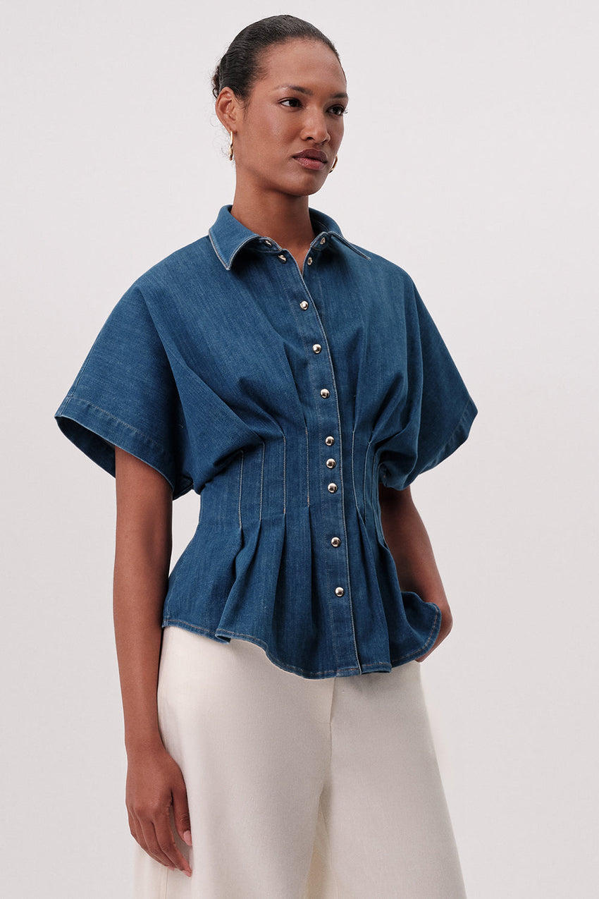 Marisa Short Sleeve Denim Shirt - BLUE