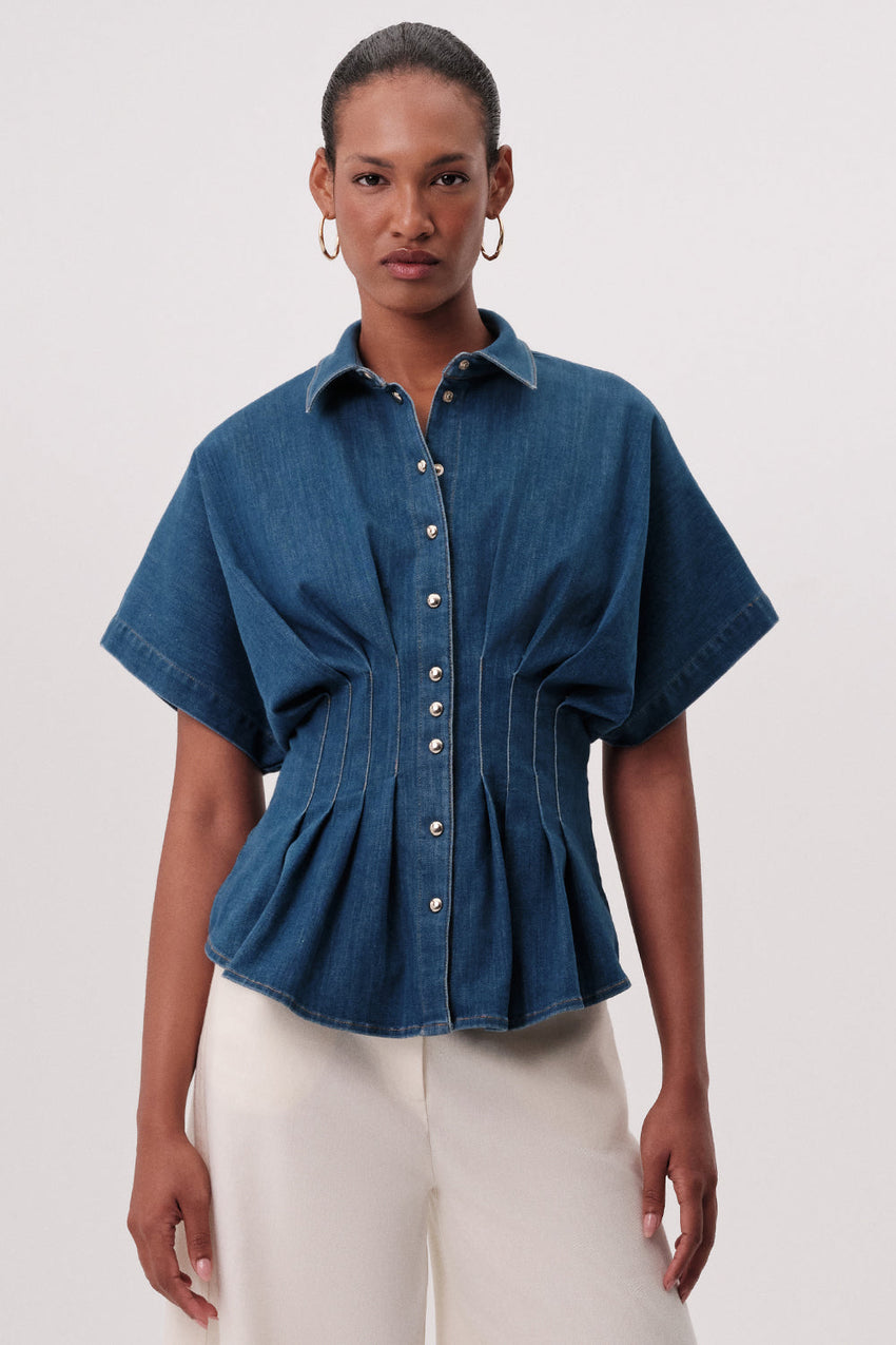 Marisa Short Sleeve Denim Shirt - BLUE