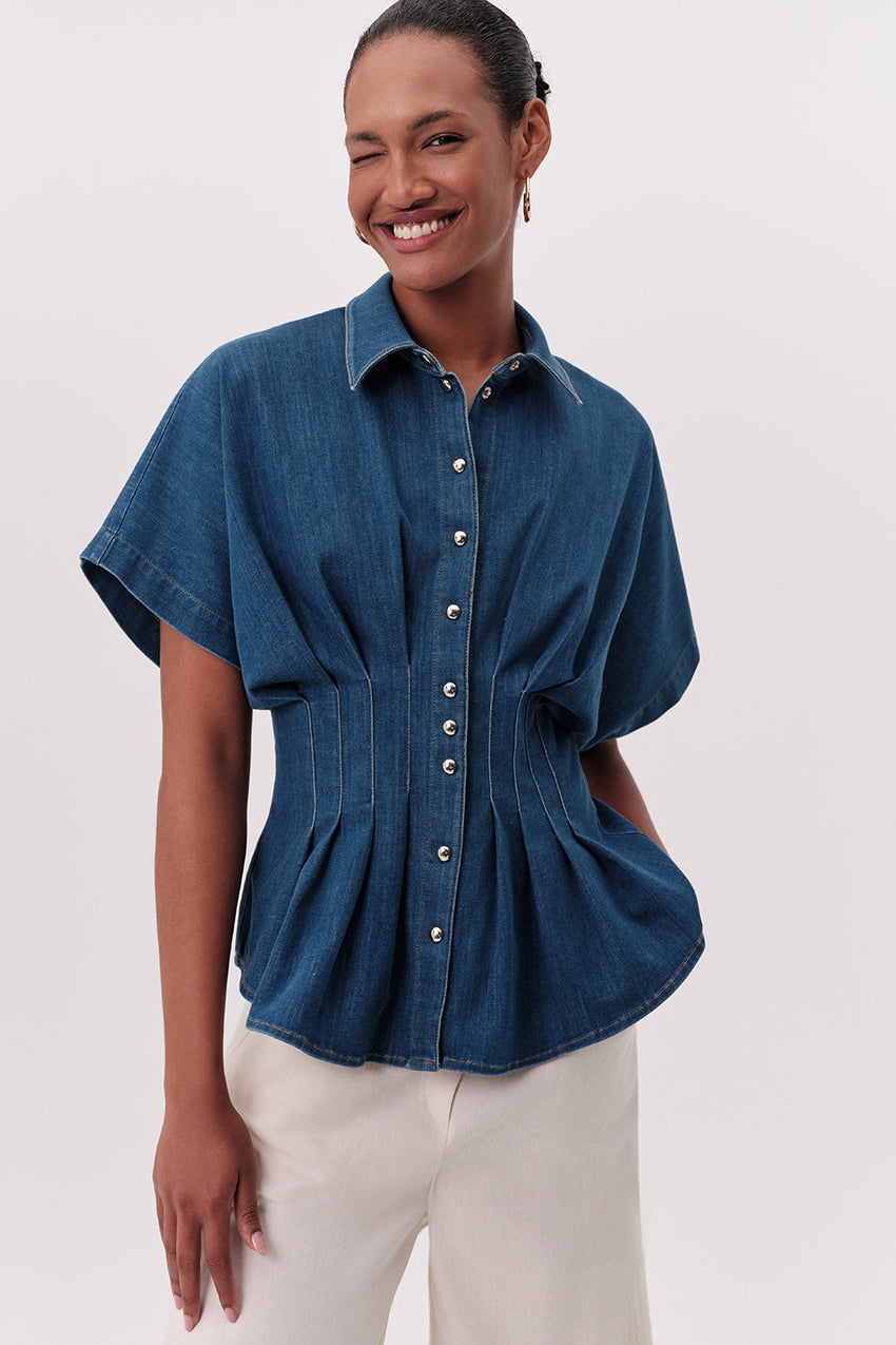 Marisa Short Sleeve Denim Shirt - BLUE