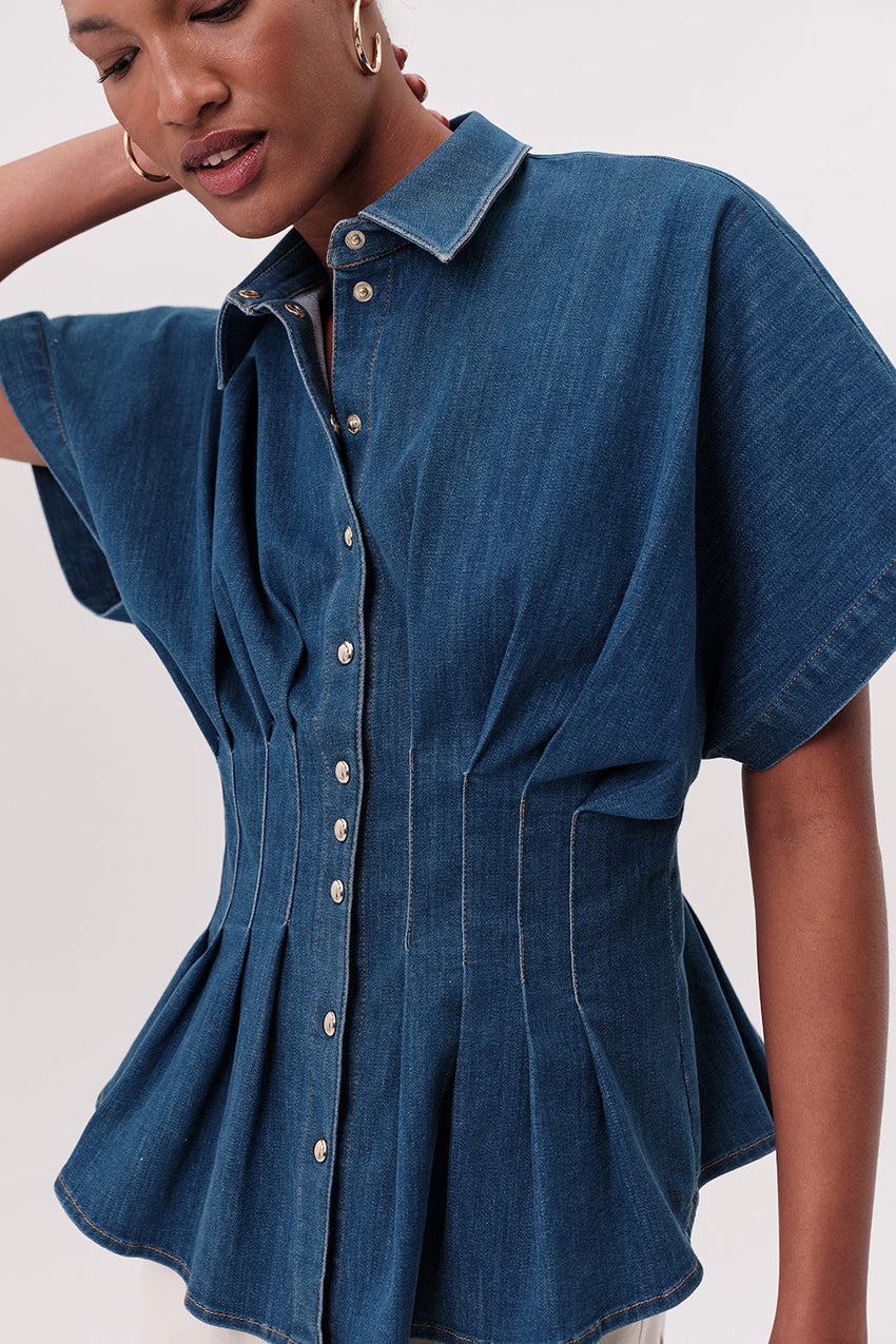 Marisa Short Sleeve Denim Shirt - BLUE