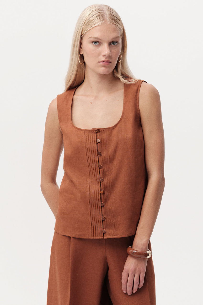 Edna Square Neck Linen Shirt - BROWN