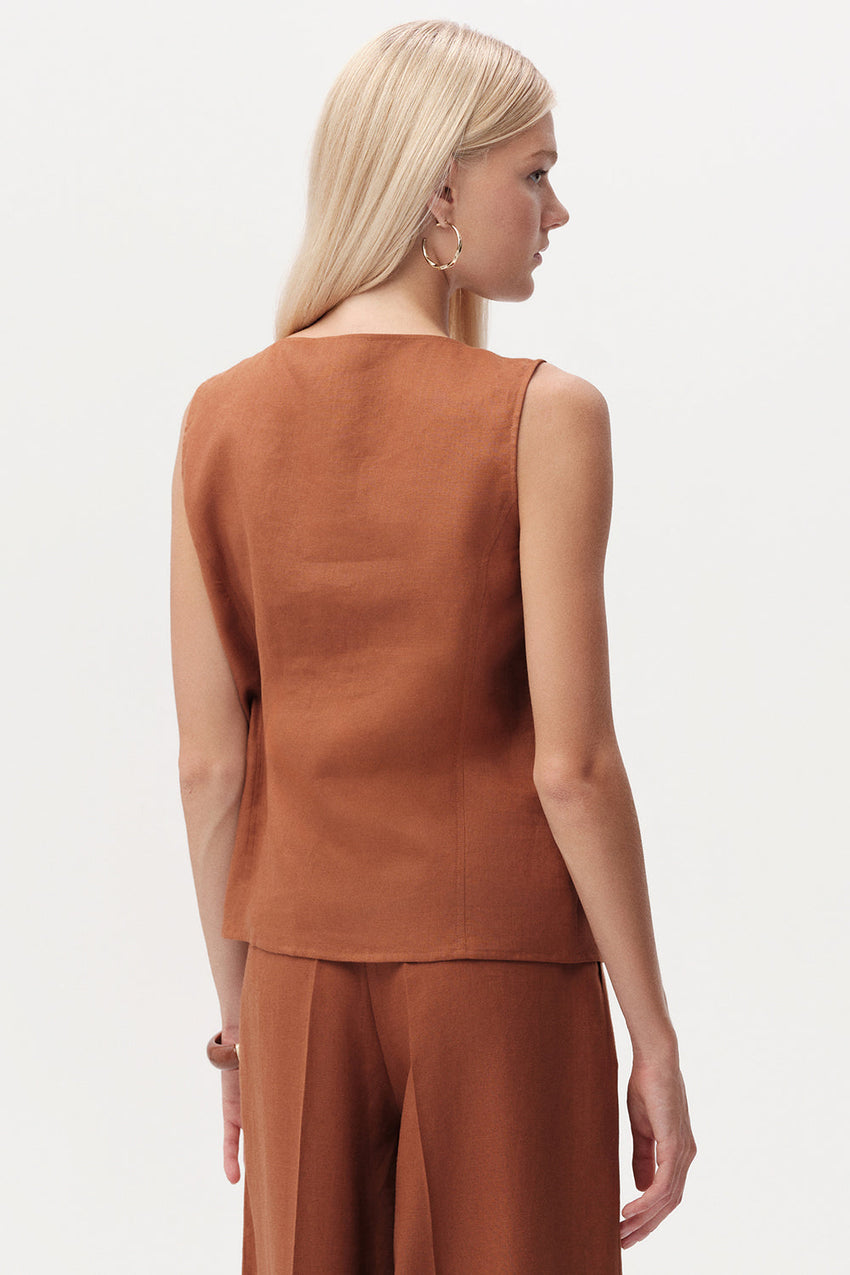 Edna Square Neck Linen Shirt - BROWN