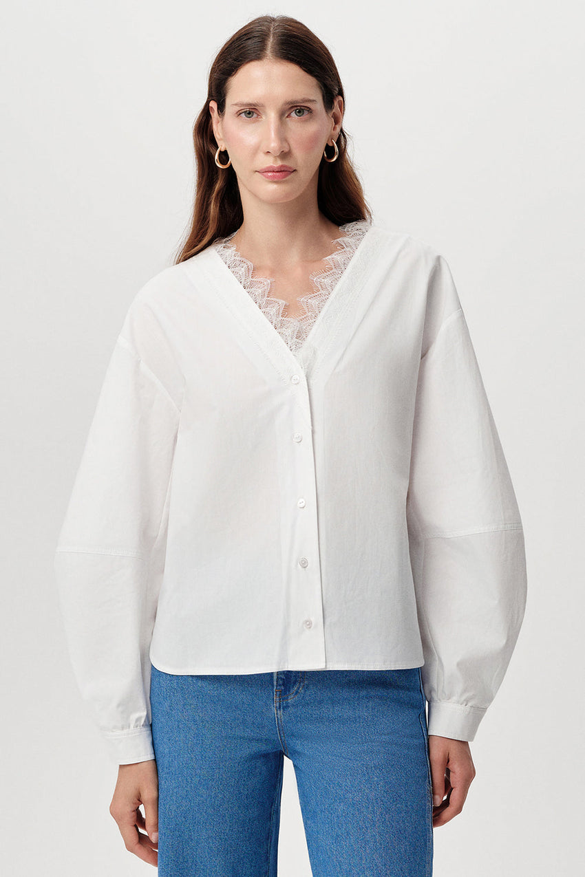 Kinsey V Neck Poplin Shirt - BONE