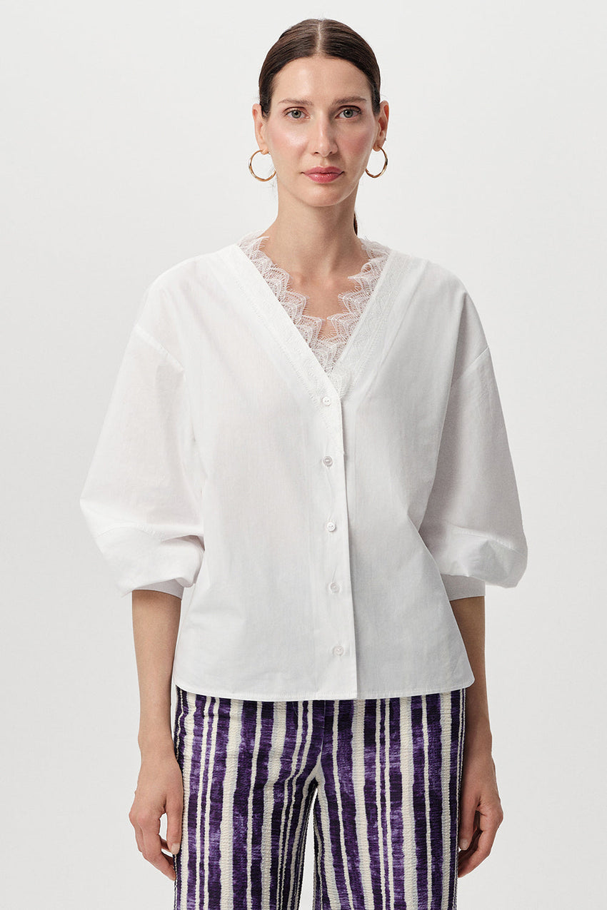 Kinsey V Neck Poplin Shirt - BONE