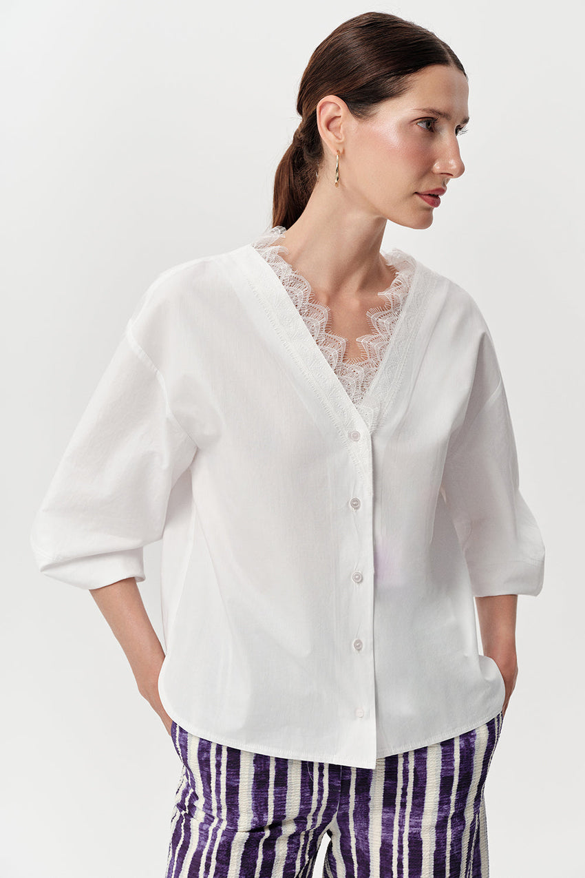 Kinsey V Neck Poplin Shirt - BONE