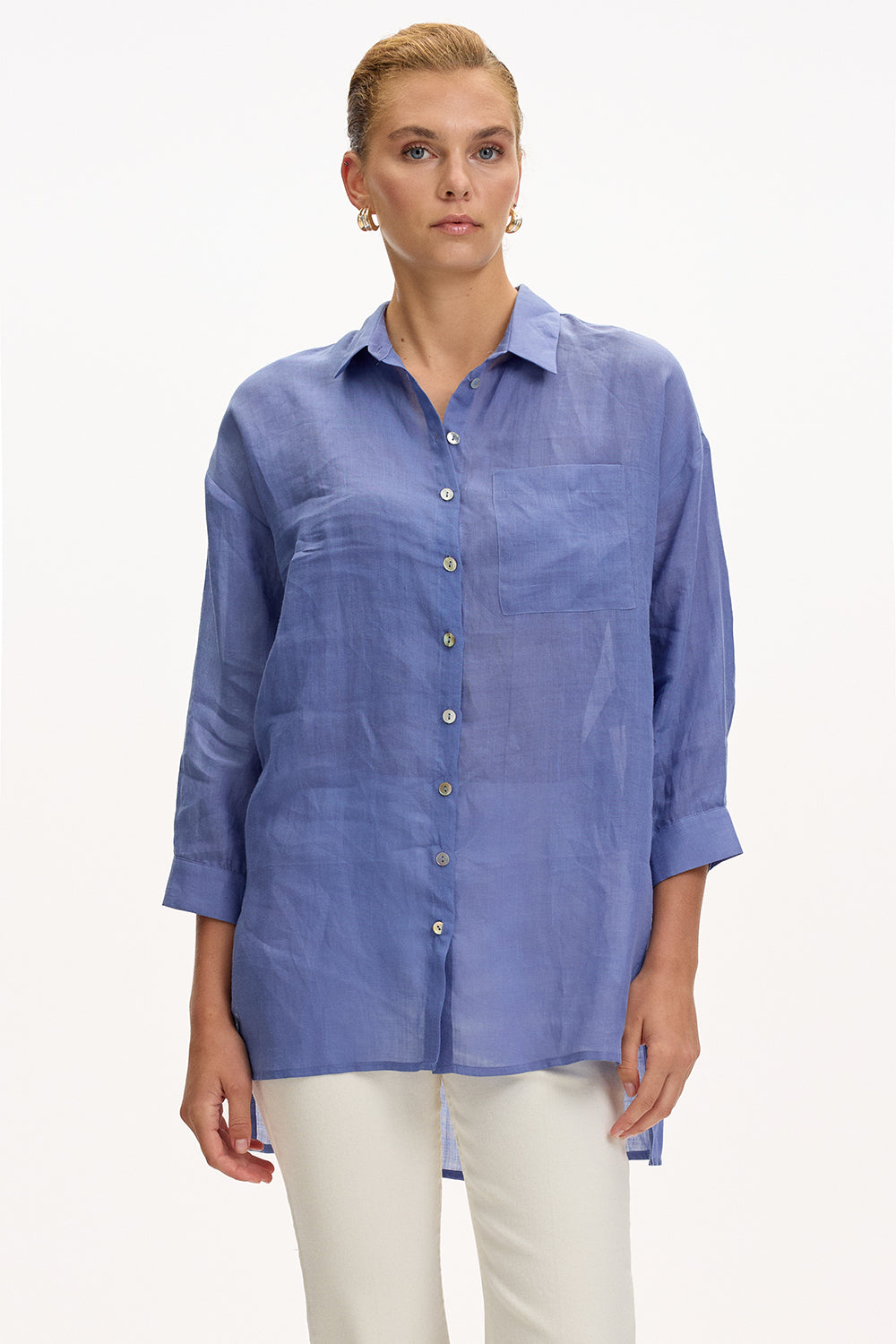 Shirt Collar Long Sleeve Linen Shirt  - SAX
