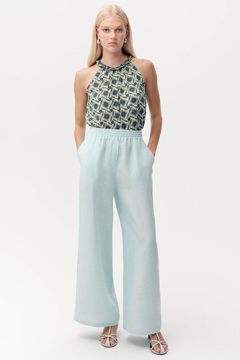Elasticated Waist Linen Blend Trousers with Pockets - TURQUOISE