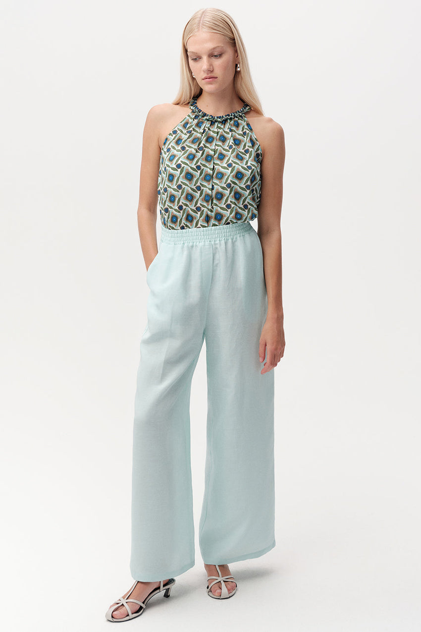 Elasticated Waist Linen Blend Trousers with Pockets - TURQUOISE