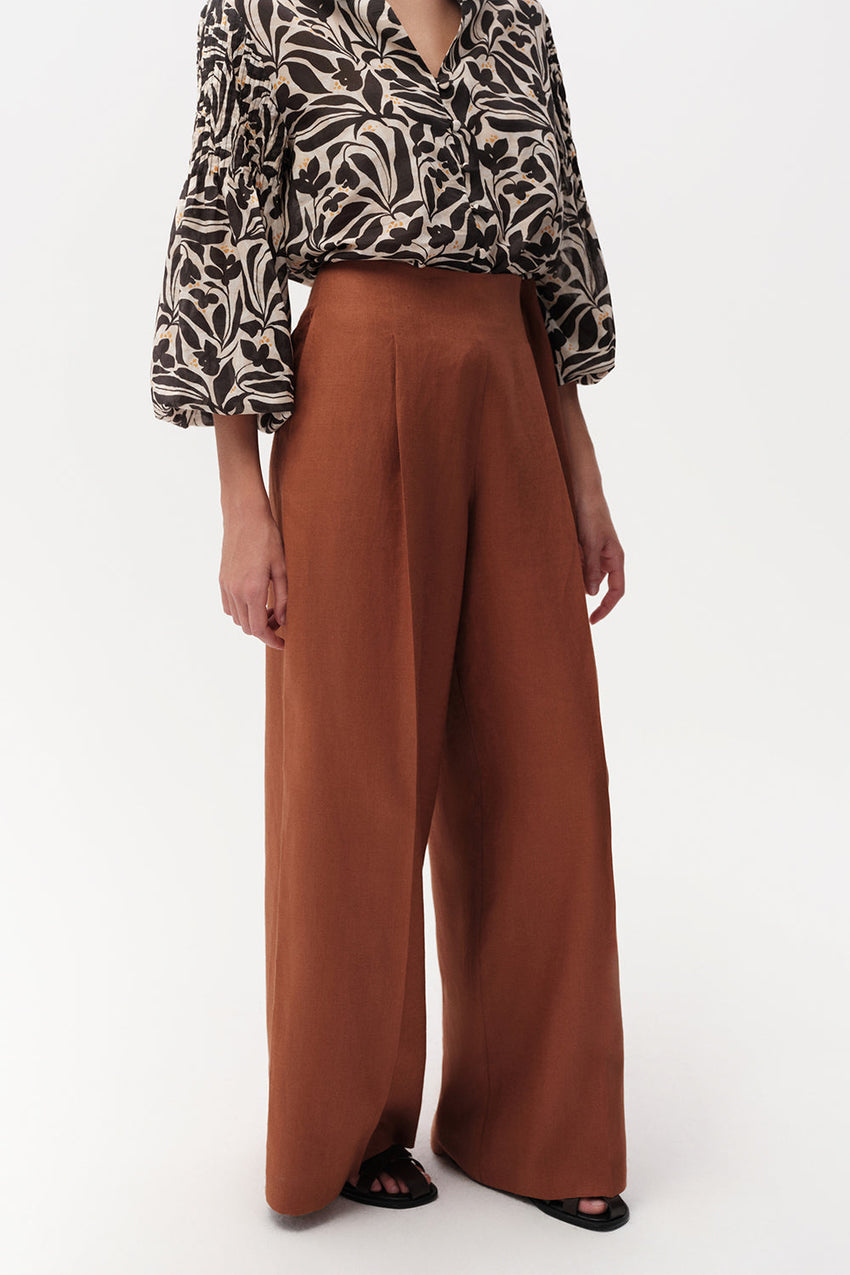 Wide Leg Linen Trousers  - TAN