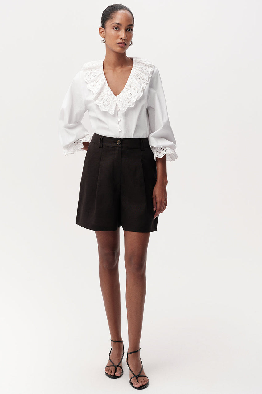 High Waist Pleated Linen Shorts - BLACK