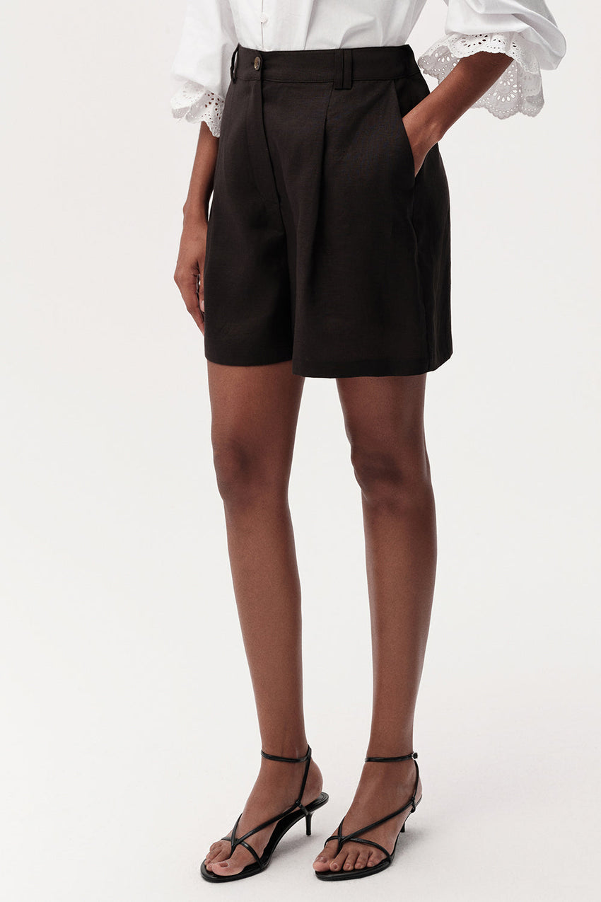 High Waist Pleated Linen Shorts - BLACK