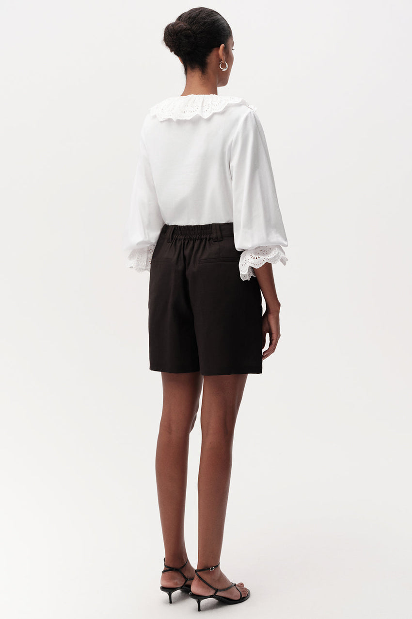 High Waist Pleated Linen Shorts - BLACK