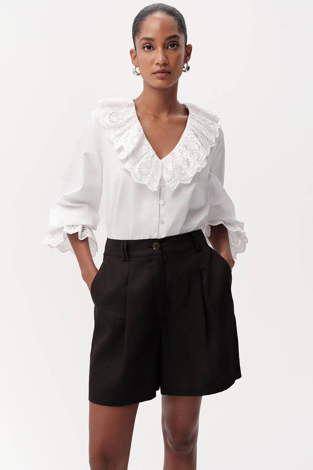 High Waist Pleated Linen Shorts - BLACK