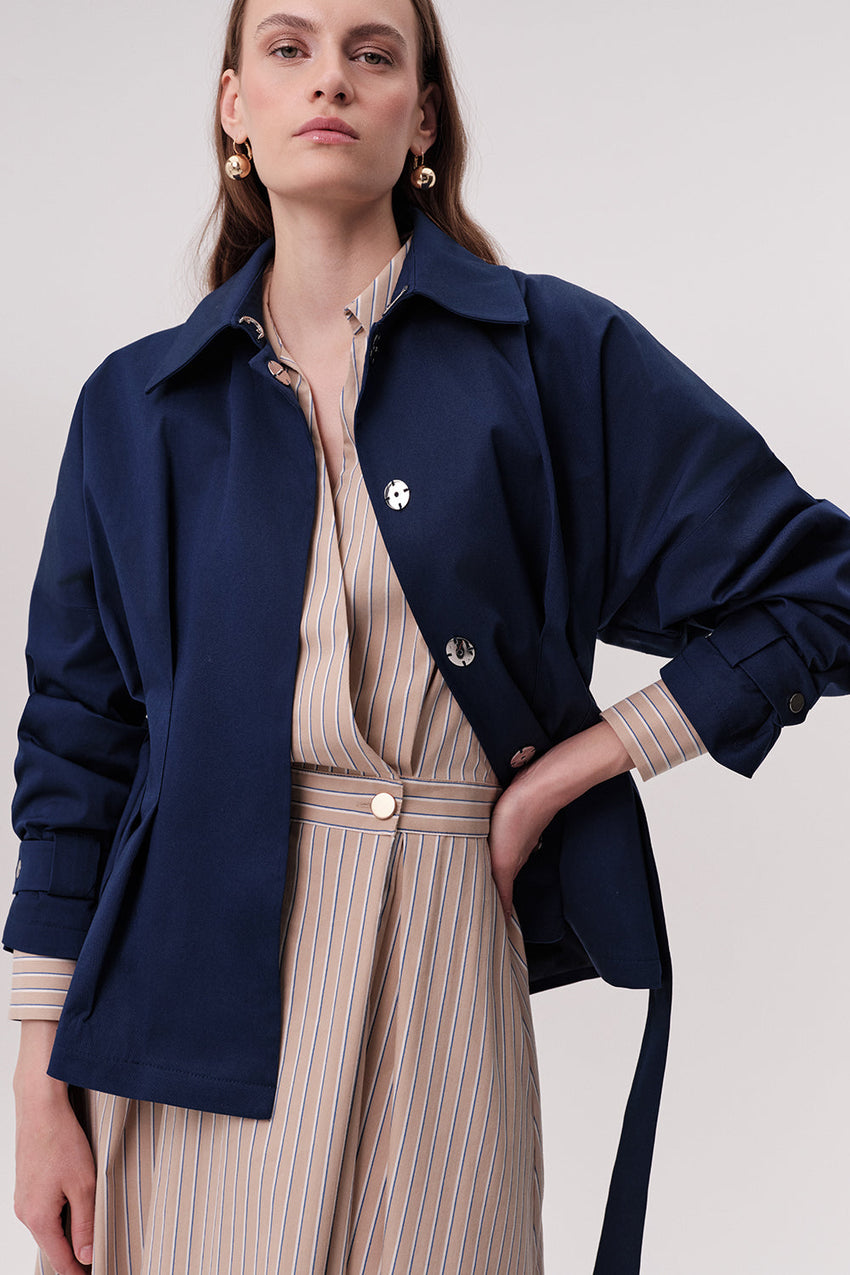 Pleated Trench Coat - NAVY