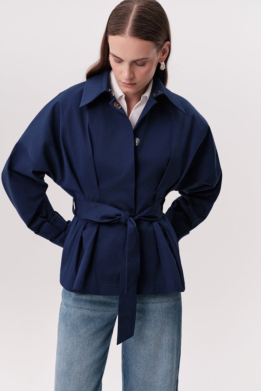Pleated Trench Coat - NAVY