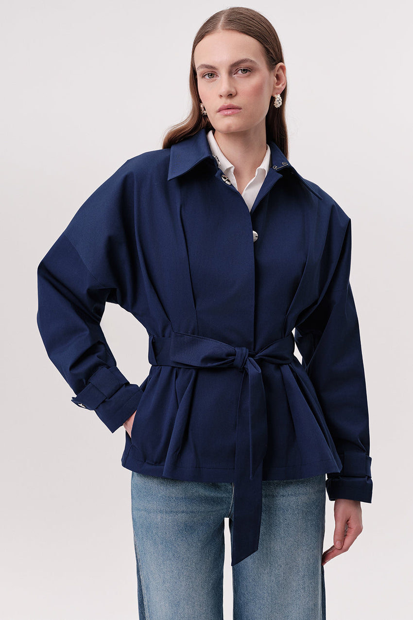 Pleated Trench Coat - NAVY