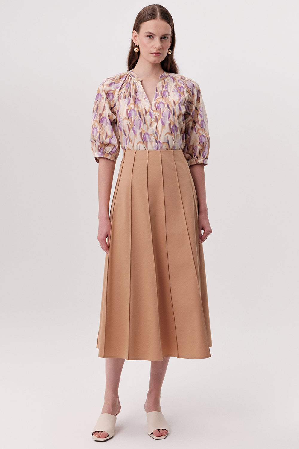 Karlie Fitted Multi Panel Flared Midi Skirtt - Camel