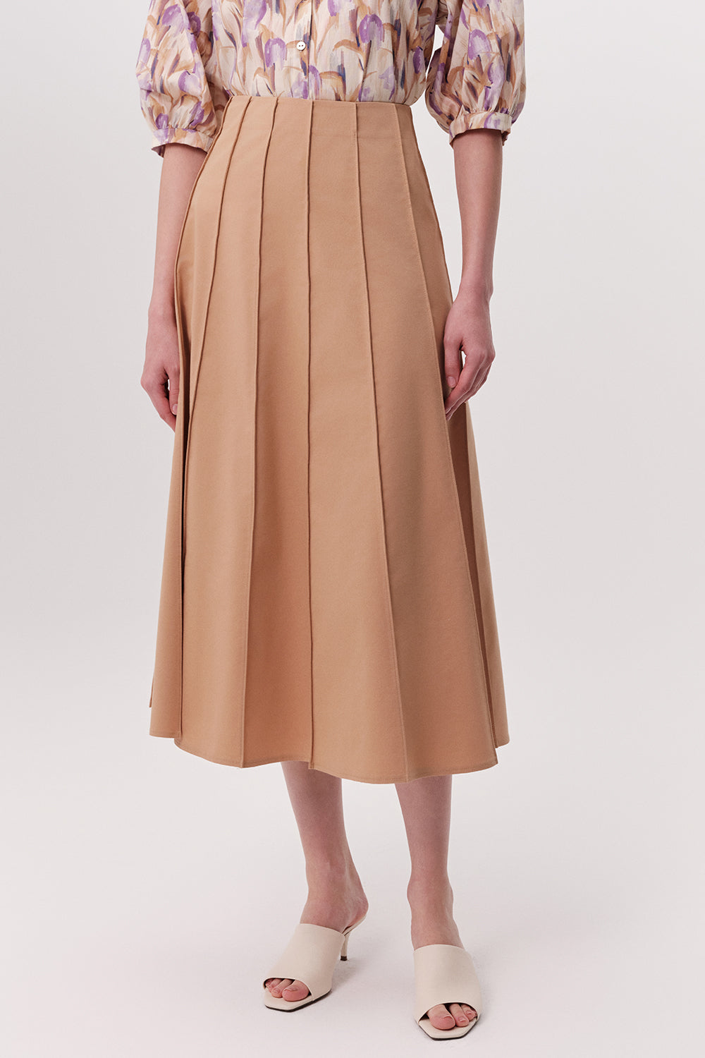 Karlie Fitted Multi Panel Flared Midi Skirtt - Camel