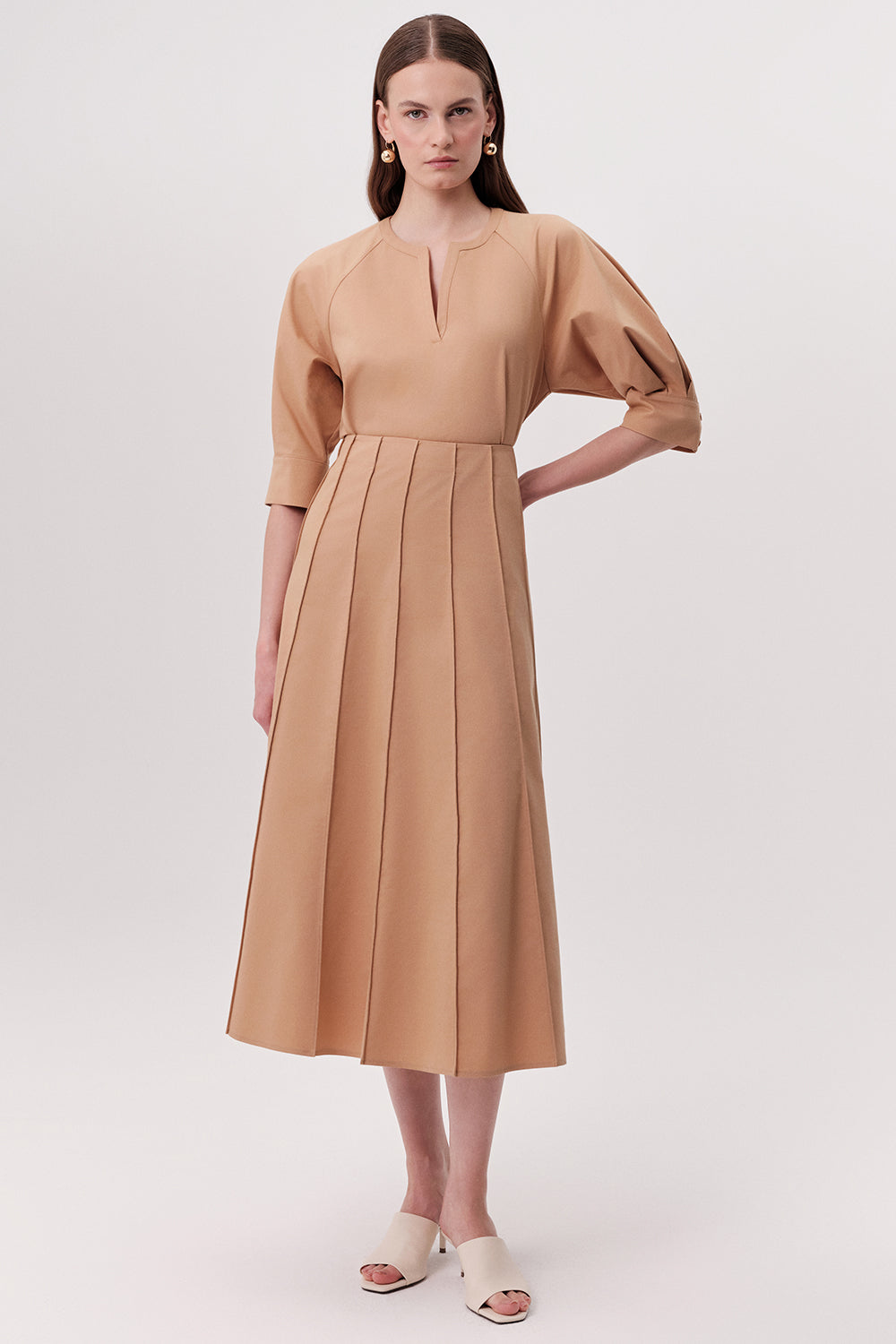 Multi Panel Flared Midi Skirt - CAMEL