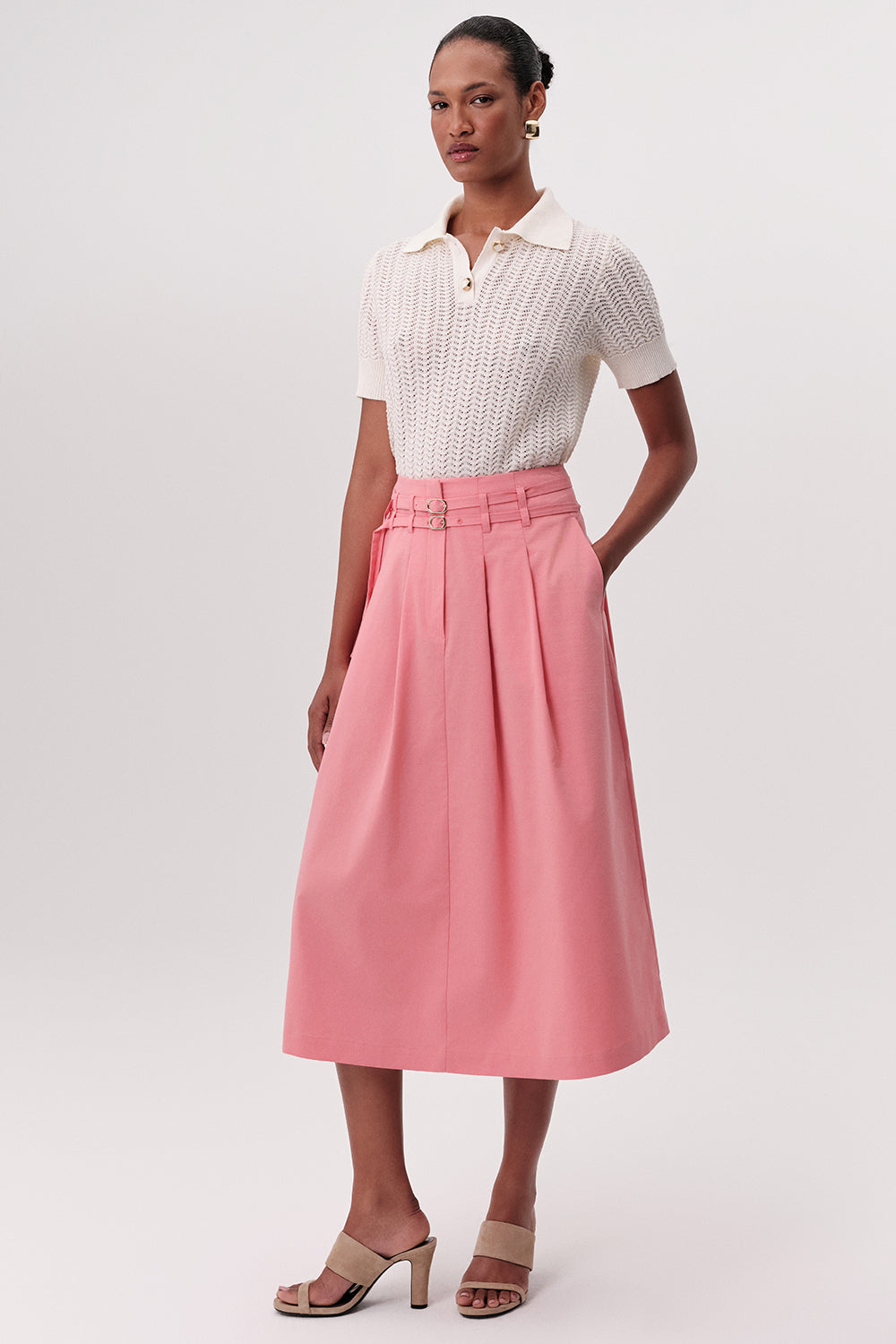High Waisted Pleated Midi Skirt - CREAM
