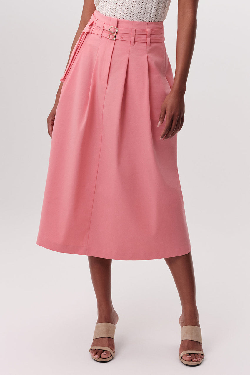 High Waisted Pleated Midi Skirt - CREAM