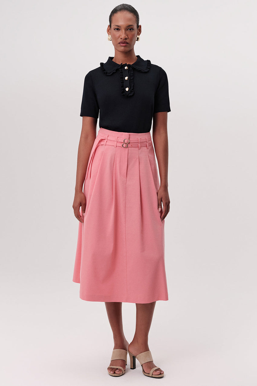 High Waisted Pleated Midi Skirt - CREAM
