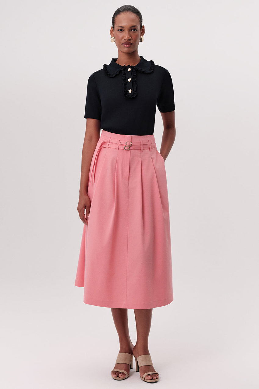 High Waisted Pleated Midi Skirt - CREAM