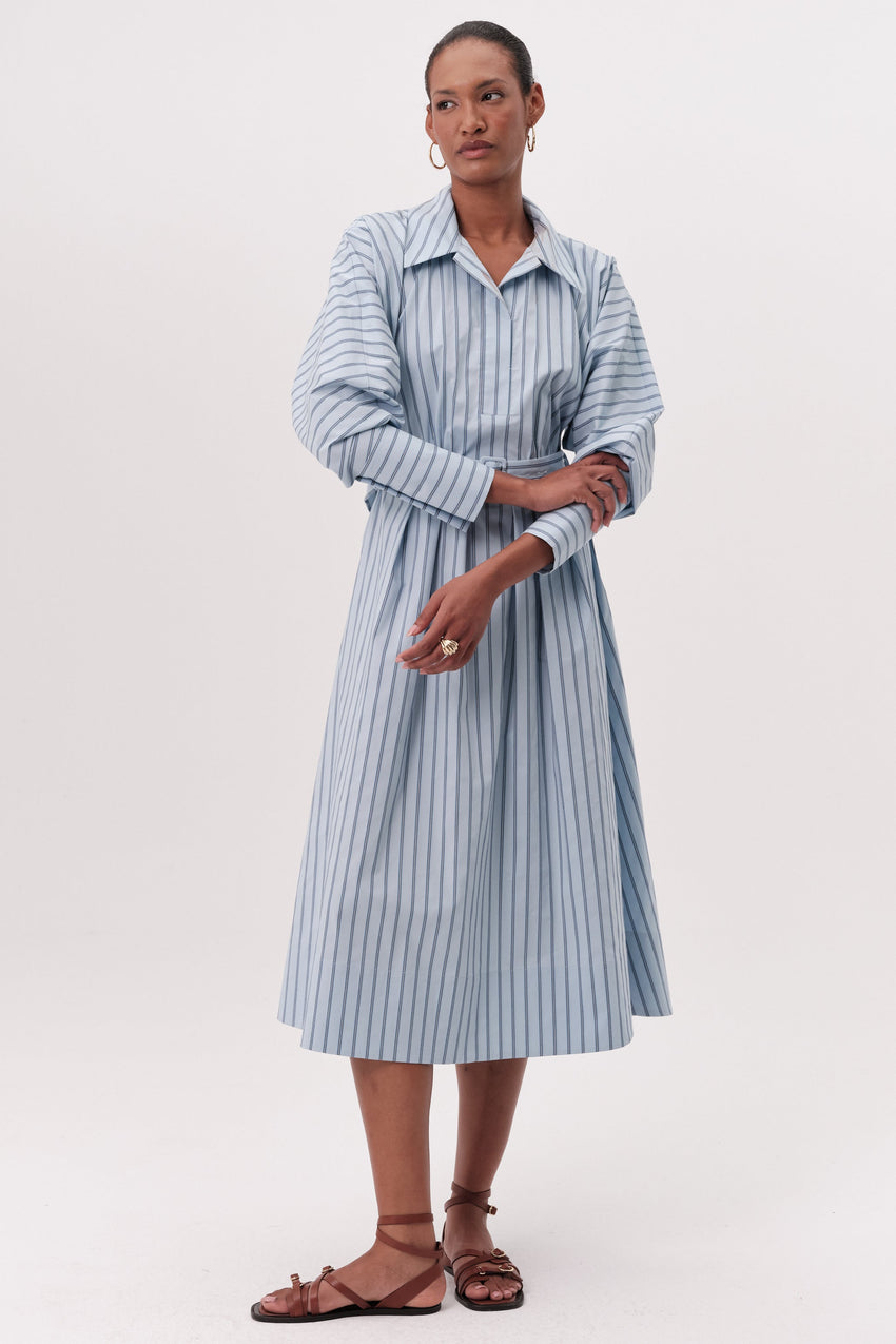 Raglan Sleeve Shirt Collar Belted Midi Dress - MULTI COLOR