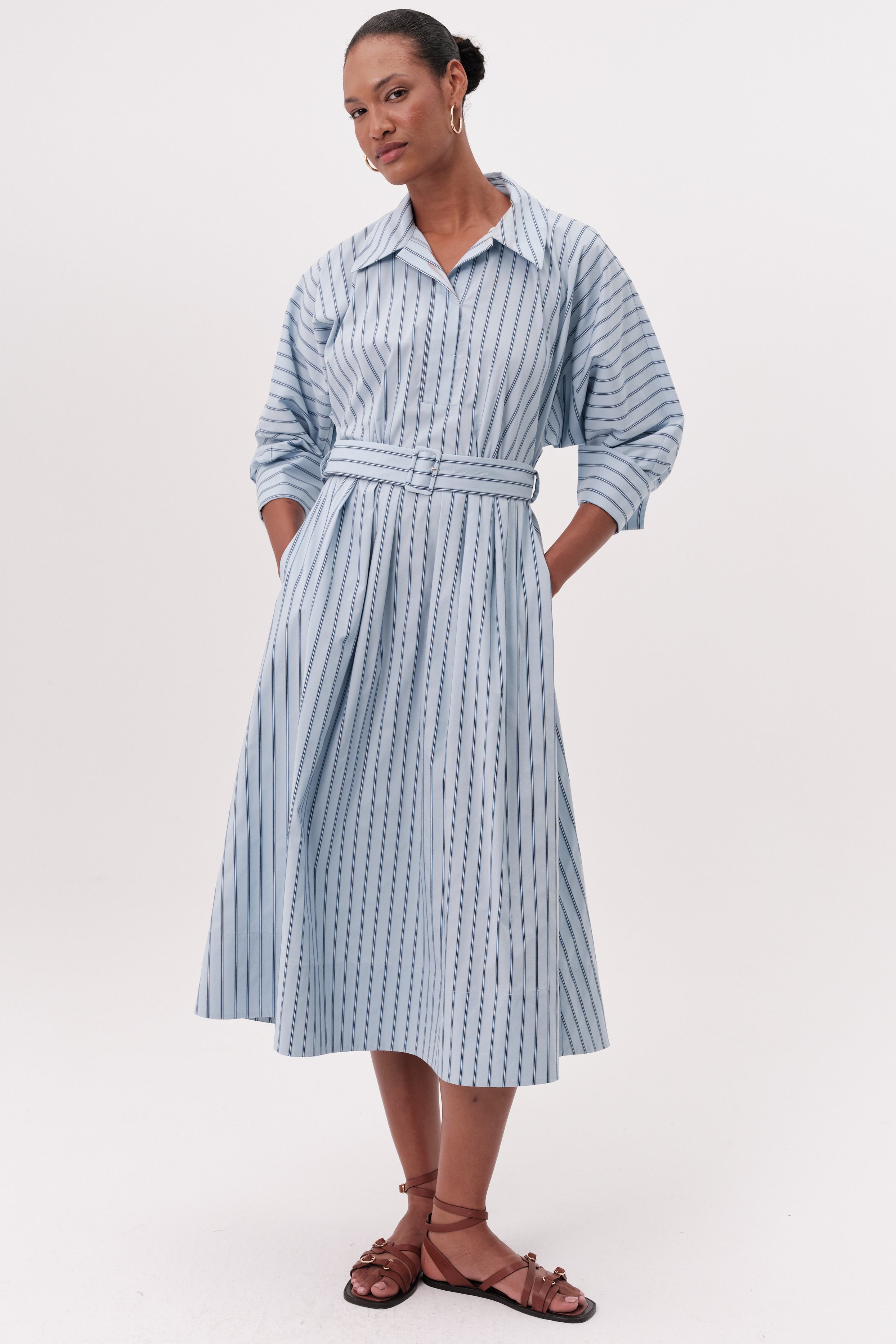 Raglan Sleeve Shirt Collar Belted Midi Dress - MULTI COLOR