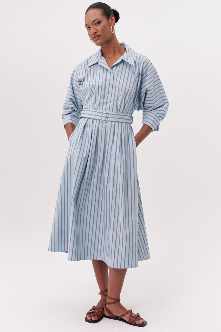Raglan Sleeve Shirt Collar Belted Midi Dress - MULTI COLOR