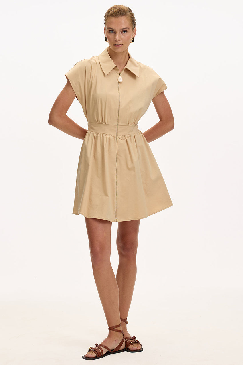 Elastic Waist Midi Dress - BEIGE