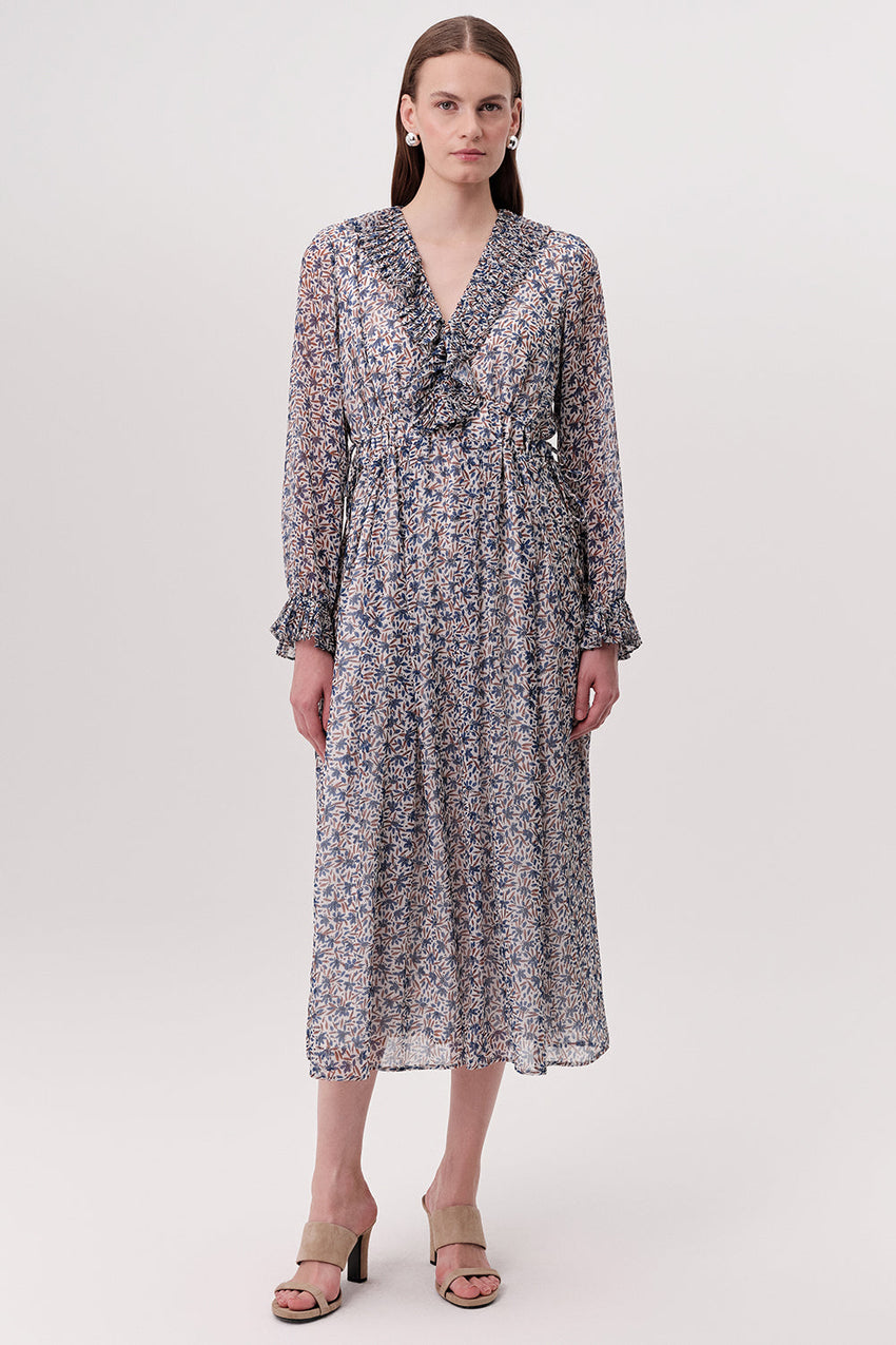 V Neck Midi Dress  - MULTI COLOR