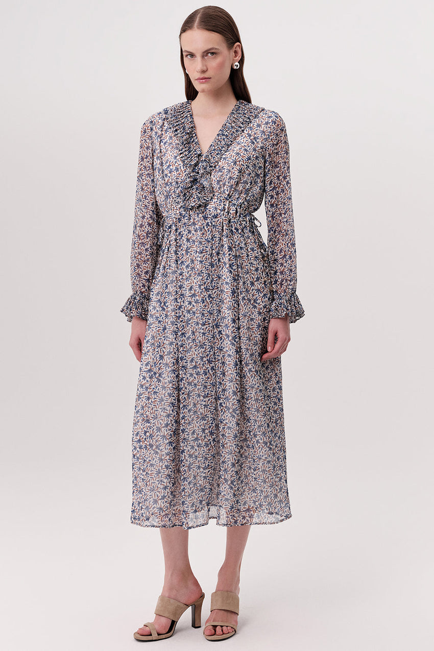 V Neck Midi Dress  - MULTI COLOR