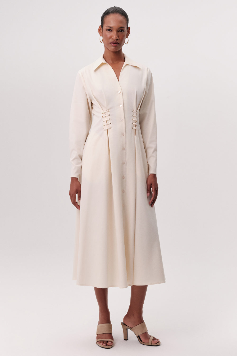 Kiersten Eyelet Detail Pocketed Shirt Collar Midi Dress - Cream