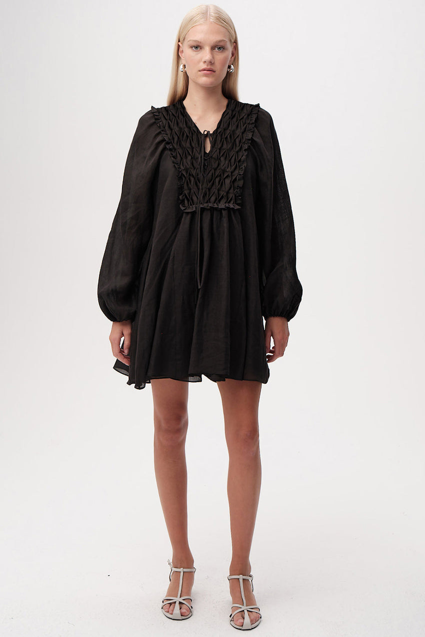 Long Sleeve Linen Mini Dress  - BLACK