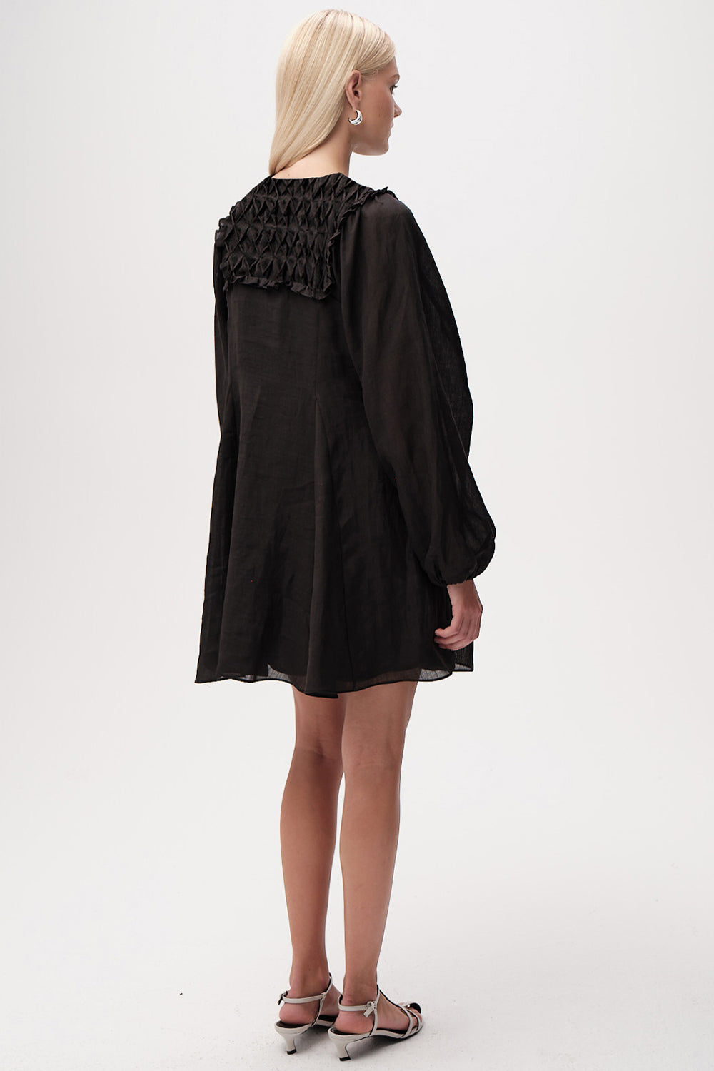 Long Sleeve Linen Mini Dress  - BLACK